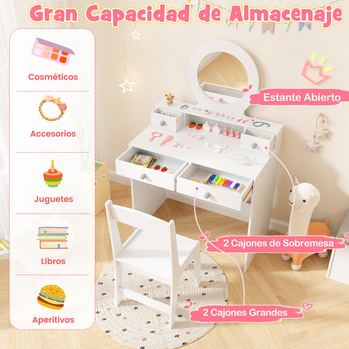 Juego de Tocador Infantil con Espejo Escritorio y Silla para Maquillaje de Princesa con Estante y 4 Cajones Tocador para Niñas Blanco
