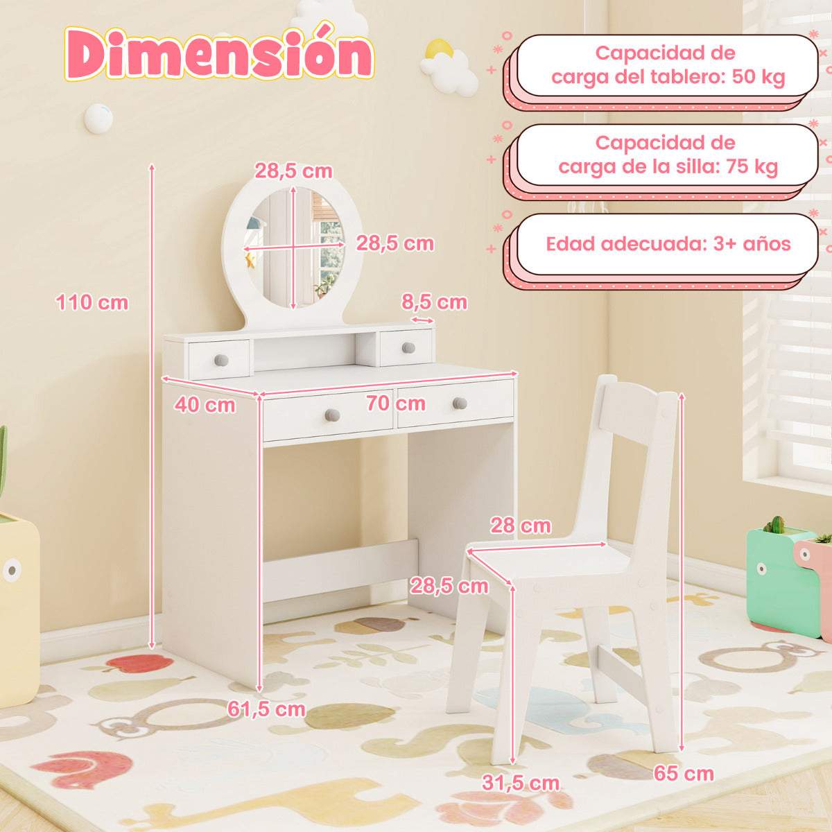Juego de Tocador Infantil con Espejo Escritorio y Silla para Maquillaje de Princesa con Estante y 4 Cajones Tocador para Niñas Blanco