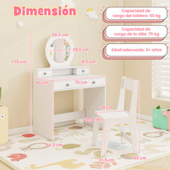 Juego de Tocador Infantil con Espejo Escritorio y Silla para Maquillaje de Princesa con Estante y 4 Cajones Tocador para Niñas Blanco