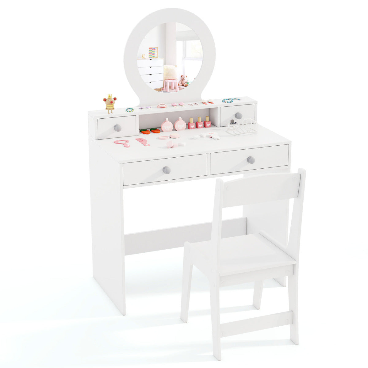 Juego de Tocador Infantil con Espejo Escritorio y Silla para Maquillaje de Princesa con Estante y 4 Cajones Tocador para Niñas Blanco