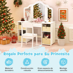 Juego de 2 en 1 Tocador y Silla de Maquillaje para Niños de 3+ Años con 3 Espejos Extraíbles 4 Contenedores de Almacenamiento Blanco