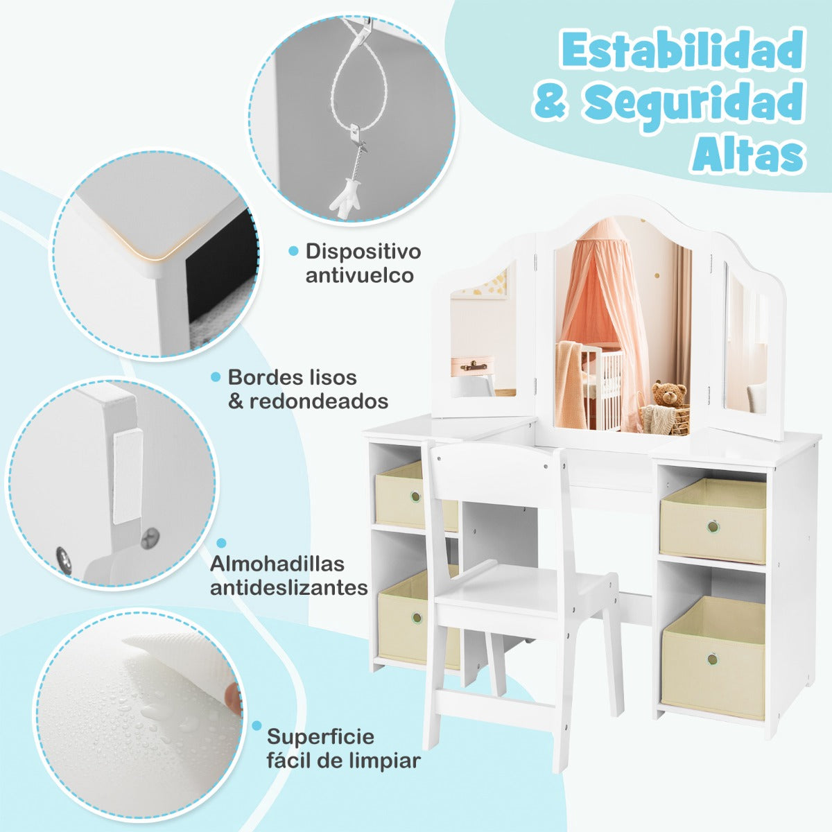 Juego de 2 en 1 Tocador y Silla de Maquillaje para Niños de 3+ Años con 3 Espejos Extraíbles 4 Contenedores de Almacenamiento Blanco