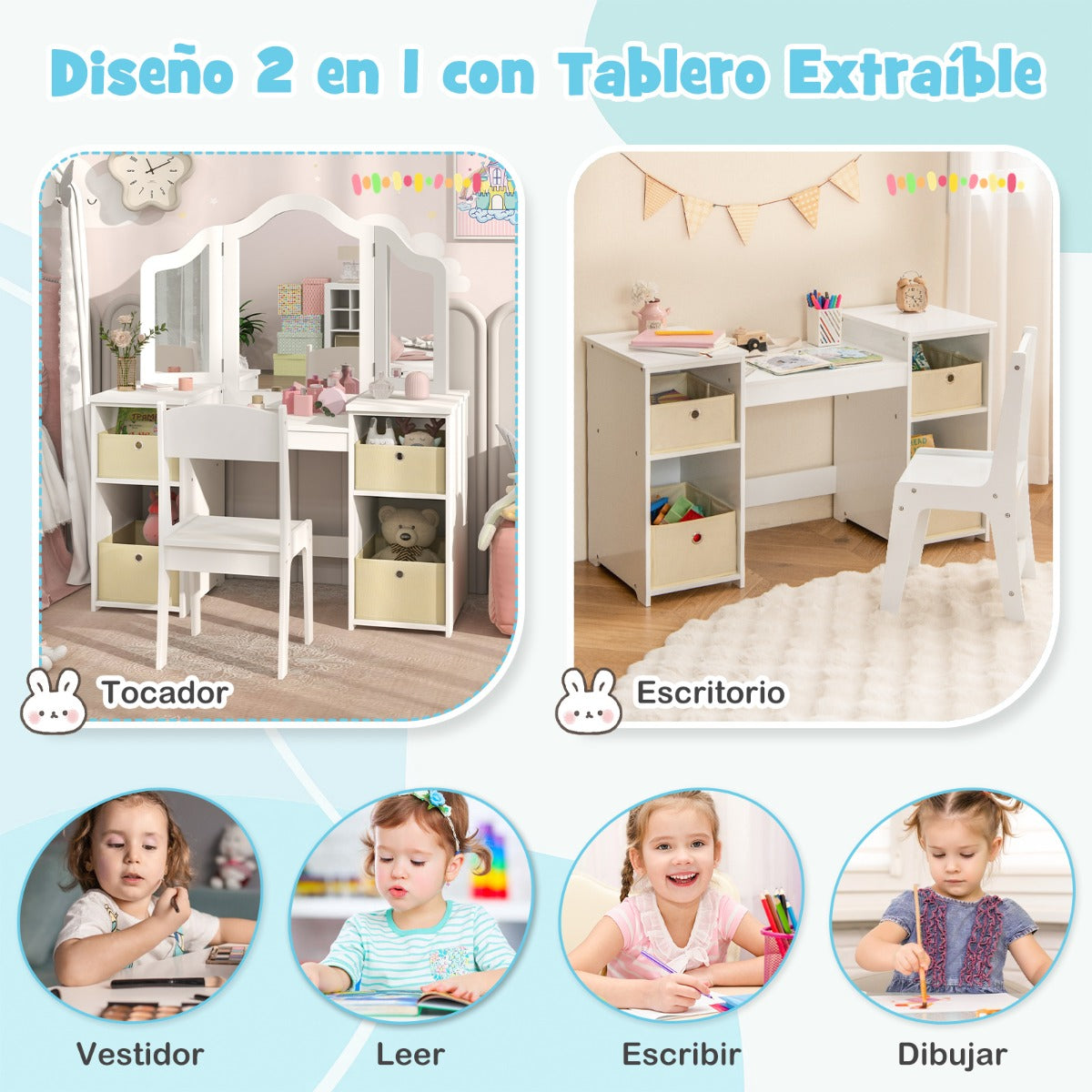 Juego de 2 en 1 Tocador y Silla de Maquillaje para Niños de 3+ Años con 3 Espejos Extraíbles 4 Contenedores de Almacenamiento Blanco