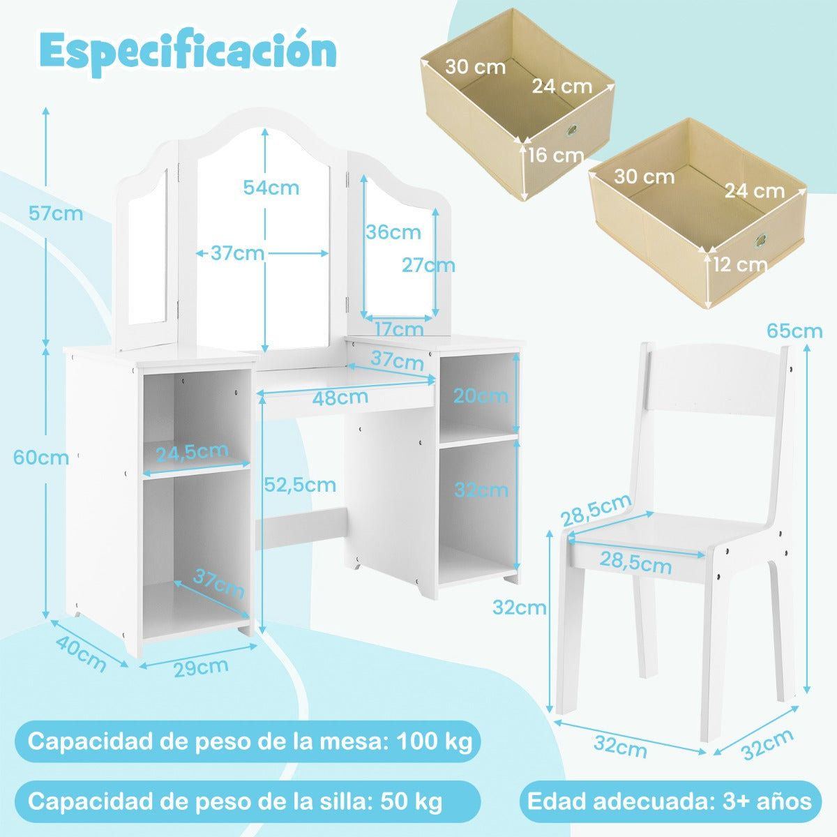 Juego de 2 en 1 Tocador y Silla de Maquillaje para Niños de 3+ Años con 3 Espejos Extraíbles 4 Contenedores de Almacenamiento Blanco