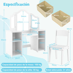 Juego de 2 en 1 Tocador y Silla de Maquillaje para Niños de 3+ Años con 3 Espejos Extraíbles 4 Contenedores de Almacenamiento Blanco