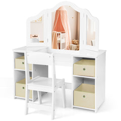 Juego de 2 en 1 Tocador y Silla de Maquillaje para Niños de 3+ Años con 3 Espejos Extraíbles 4 Contenedores de Almacenamiento Blanco