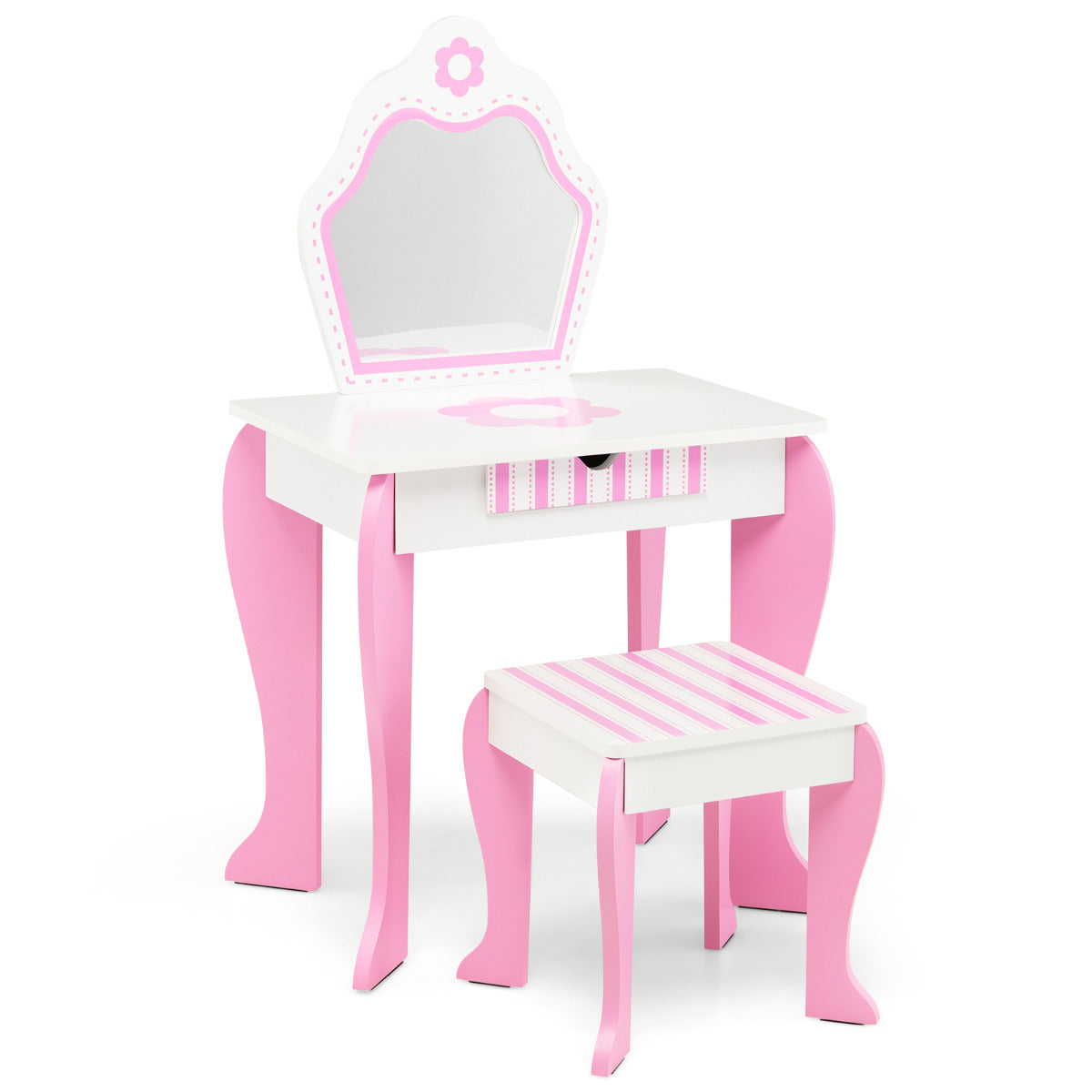 Juego de Tocador y Taburete para Niños con Espejo Desmontable Cajón Mesa de Maquillaje Escritorio Infantil Blanco y Rosa