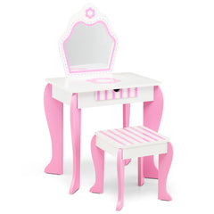Juego de Tocador y Taburete para Niños con Espejo Desmontable Cajón Mesa de Maquillaje Escritorio Infantil Blanco y Rosa
