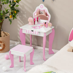 Juego de Tocador y Taburete para Niños con Espejo Desmontable Cajón Mesa de Maquillaje Escritorio Infantil Blanco y Rosa
