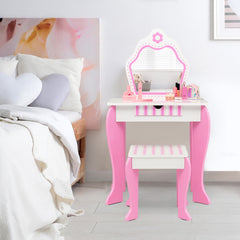 Juego de Tocador y Taburete para Niños con Espejo Desmontable Cajón Mesa de Maquillaje Escritorio Infantil Blanco y Rosa