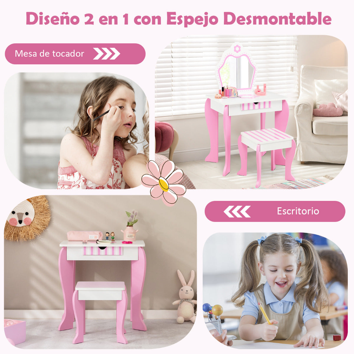 Juego de Tocador y Taburete para Niños con Espejo Desmontable Cajón Mesa de Maquillaje Escritorio Infantil Blanco y Rosa