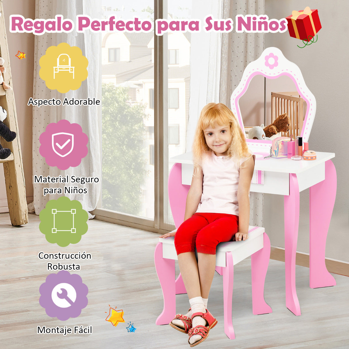 Juego de Tocador y Taburete para Niños con Espejo Desmontable Cajón Mesa de Maquillaje Escritorio Infantil Blanco y Rosa