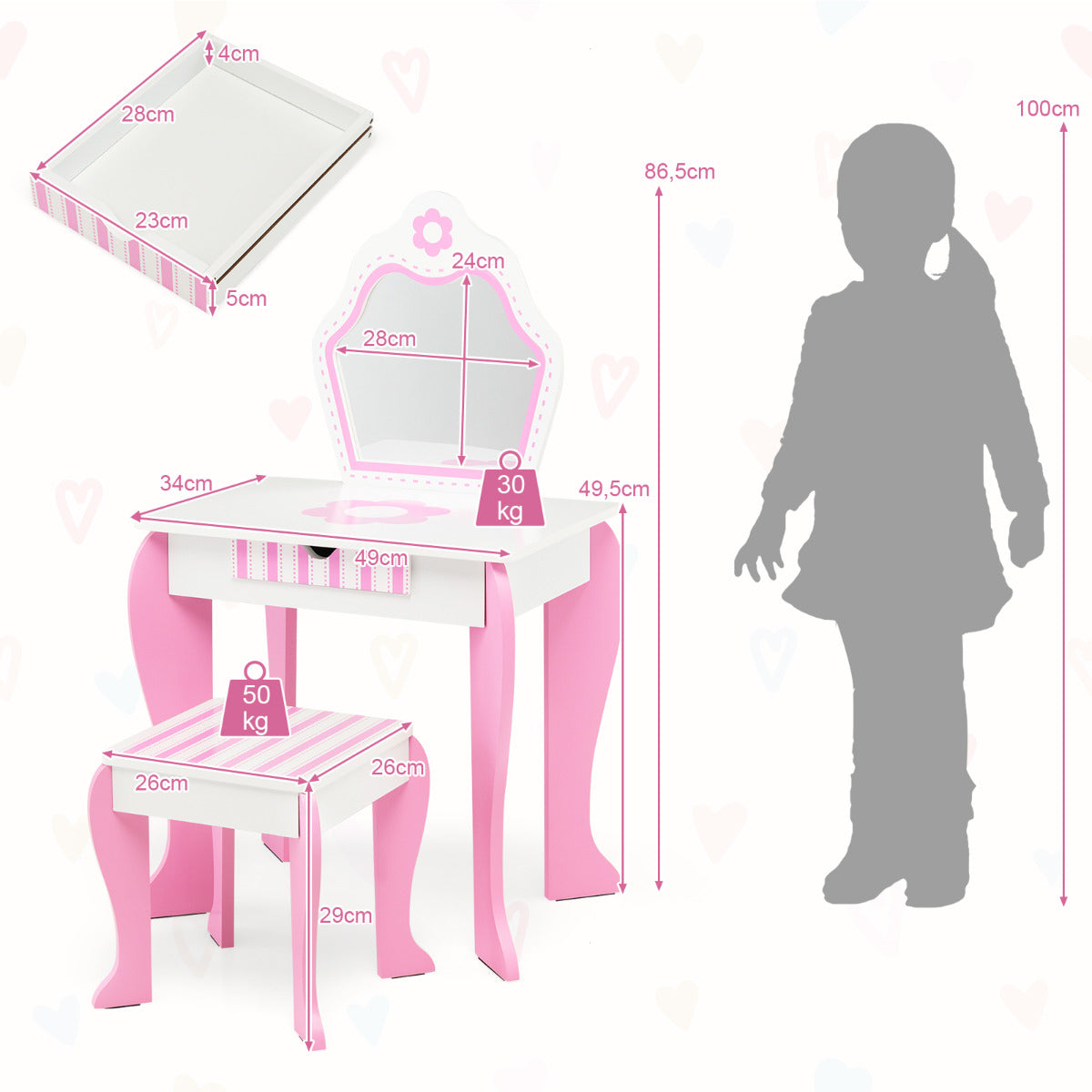 Juego de Tocador y Taburete para Niños con Espejo Desmontable Cajón Mesa de Maquillaje Escritorio Infantil Blanco y Rosa