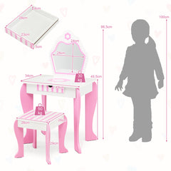 Juego de Tocador y Taburete para Niños con Espejo Desmontable Cajón Mesa de Maquillaje Escritorio Infantil Blanco y Rosa