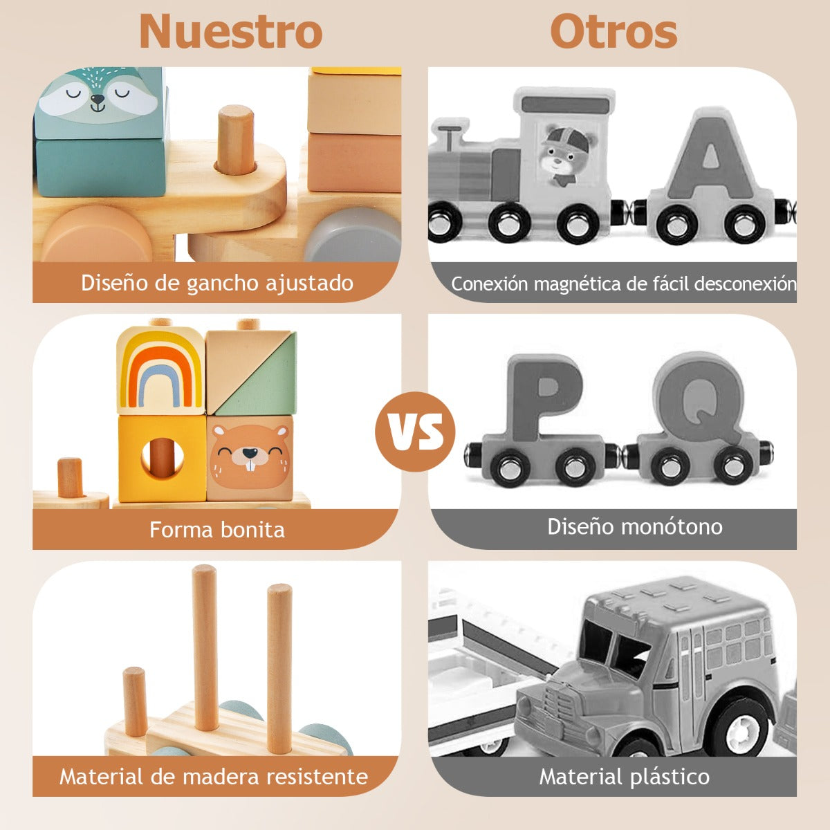 Juego de Tren de Madera de Juguete con Bloques Apilables Cuerda Conexión de Gancho para Educación Temprana de Bebés