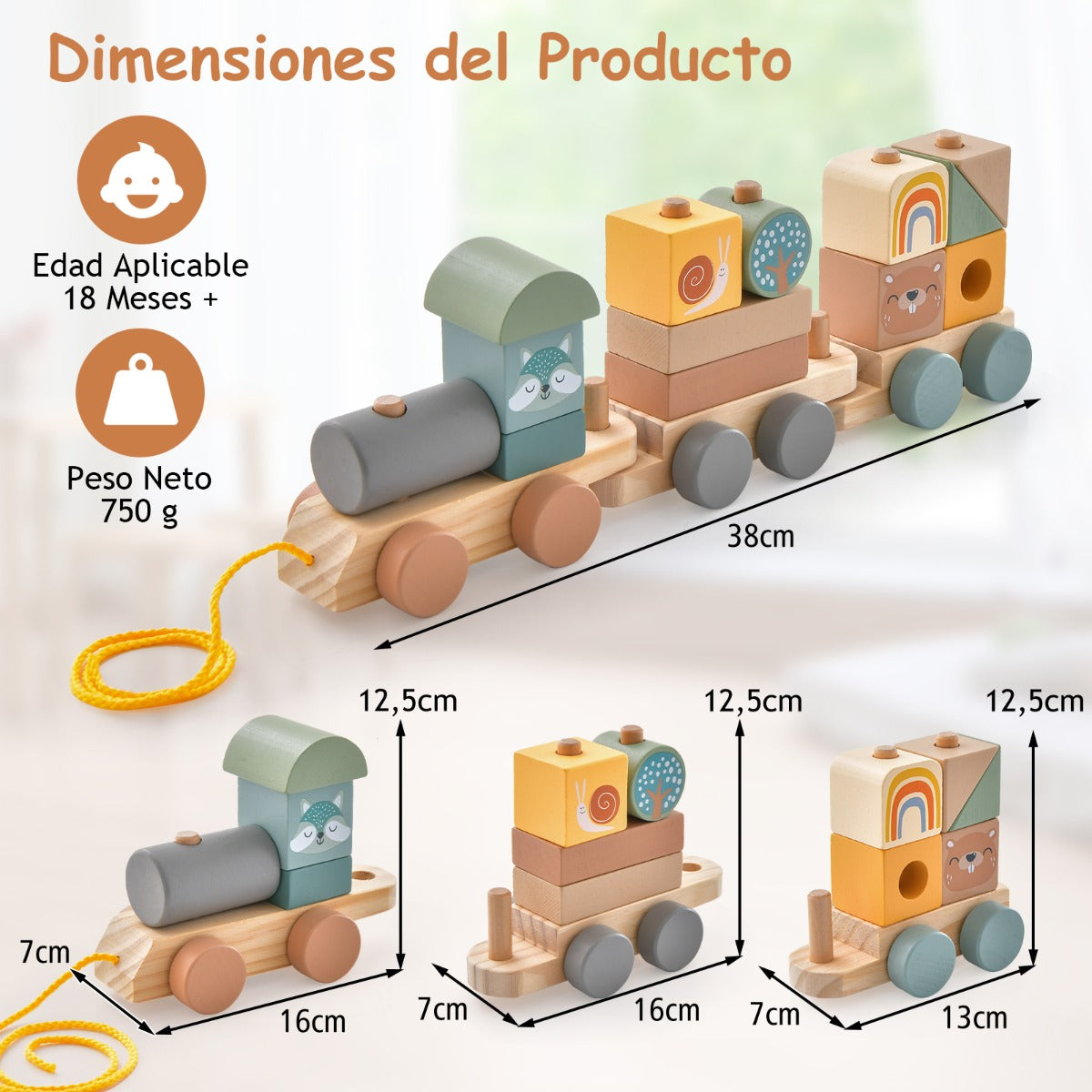 Juego de Tren de Madera de Juguete con Bloques Apilables Cuerda Conexión de Gancho para Educación Temprana de Bebés