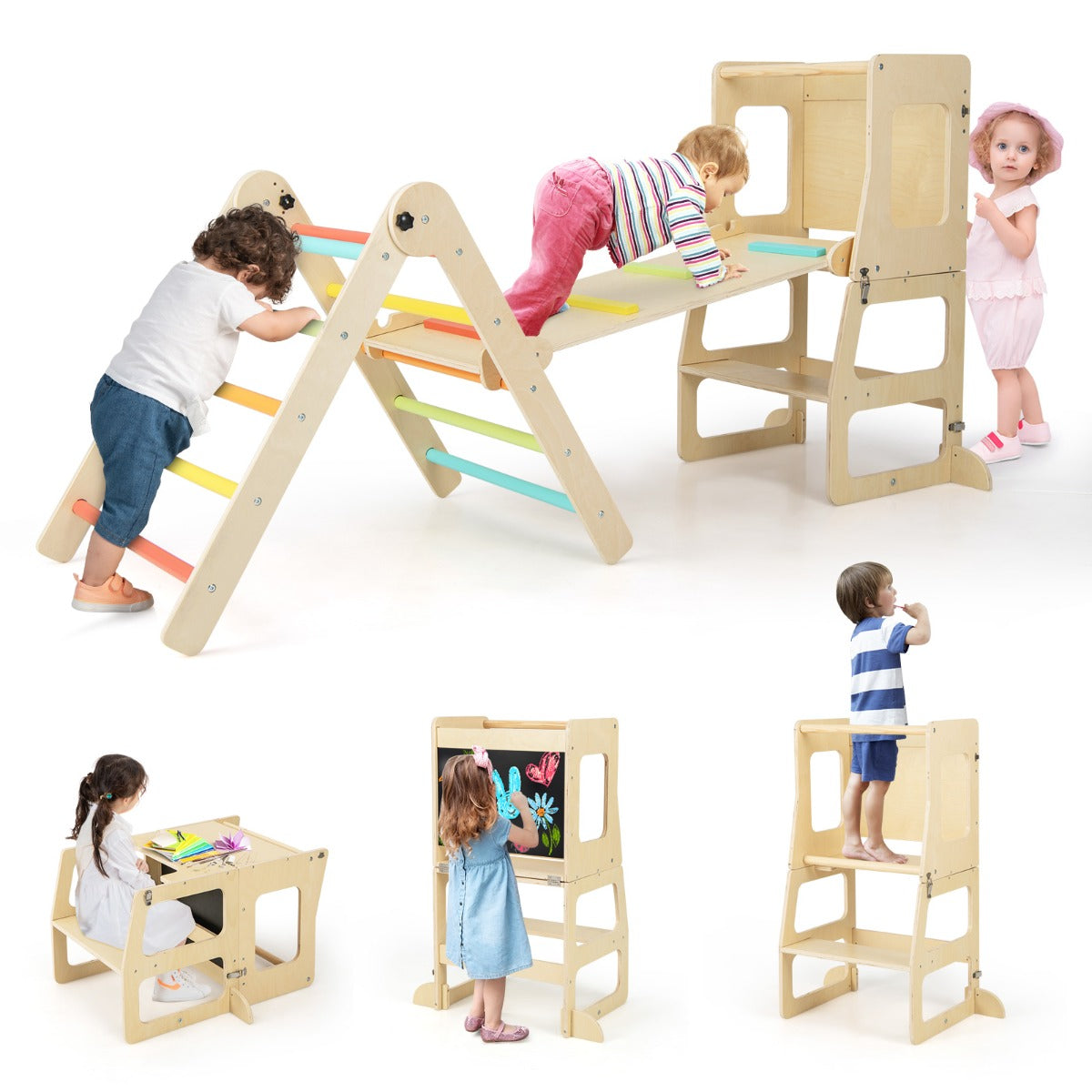 Juego de 7 en 1 Escalador Plegable para Niños de 3-14 Años con Rampa Reversible Taburete Convertible y Pizarra Divertida Multicolor