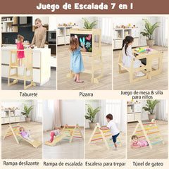Juego de 7 en 1 Escalador Plegable para Niños de 3-14 Años con Rampa Reversible Taburete Convertible y Pizarra Divertida Multicolor