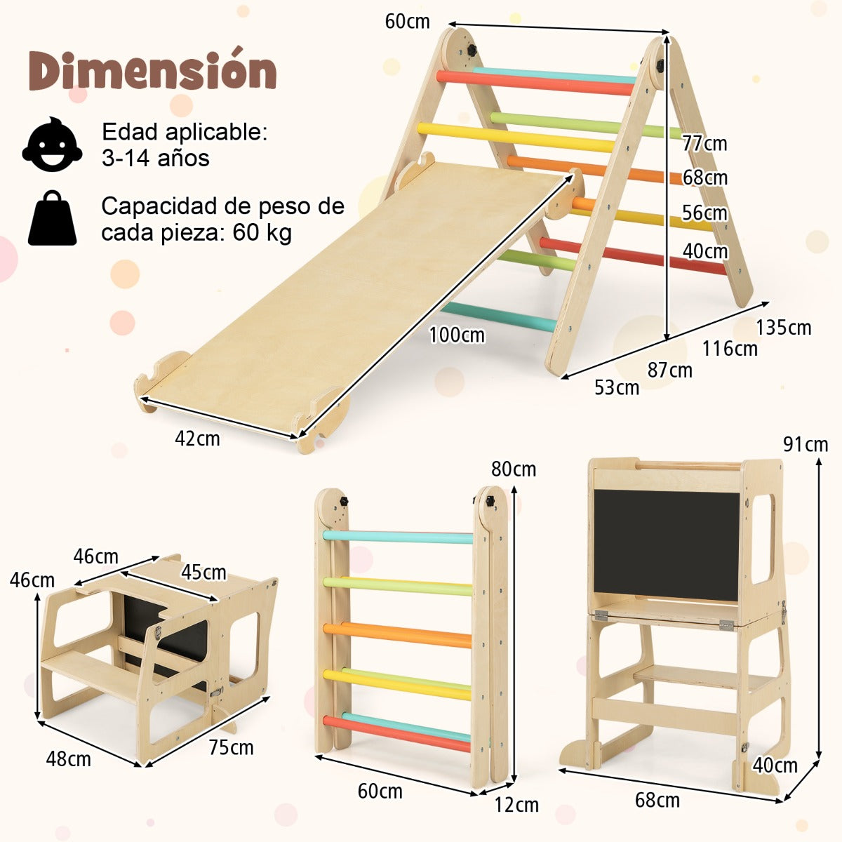 Juego de 7 en 1 Escalador Plegable para Niños de 3-14 Años con Rampa Reversible Taburete Convertible y Pizarra Divertida Multicolor