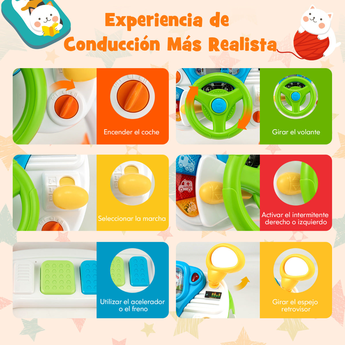 Juguete de Simulación de Conducción para Niños con Volante Interactivo con Taburete Luz Música Bocina Megáfono Educativo Preescolar