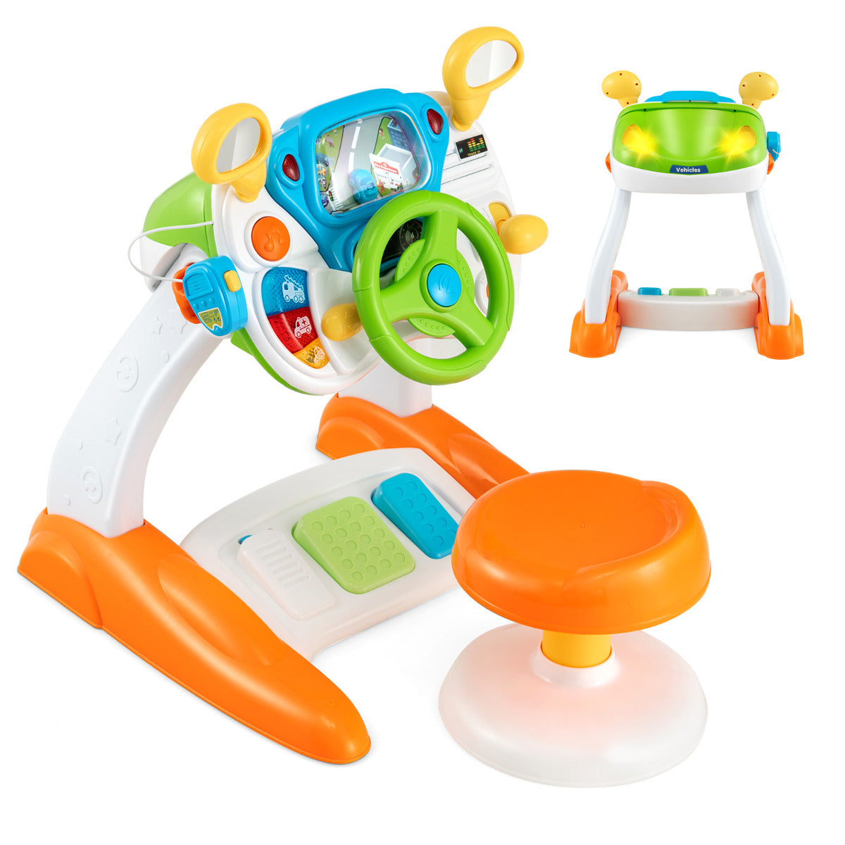 Juguete de Simulación de Conducción para Niños con Volante Interactivo con Taburete Luz Música Bocina Megáfono Educativo Preescolar
