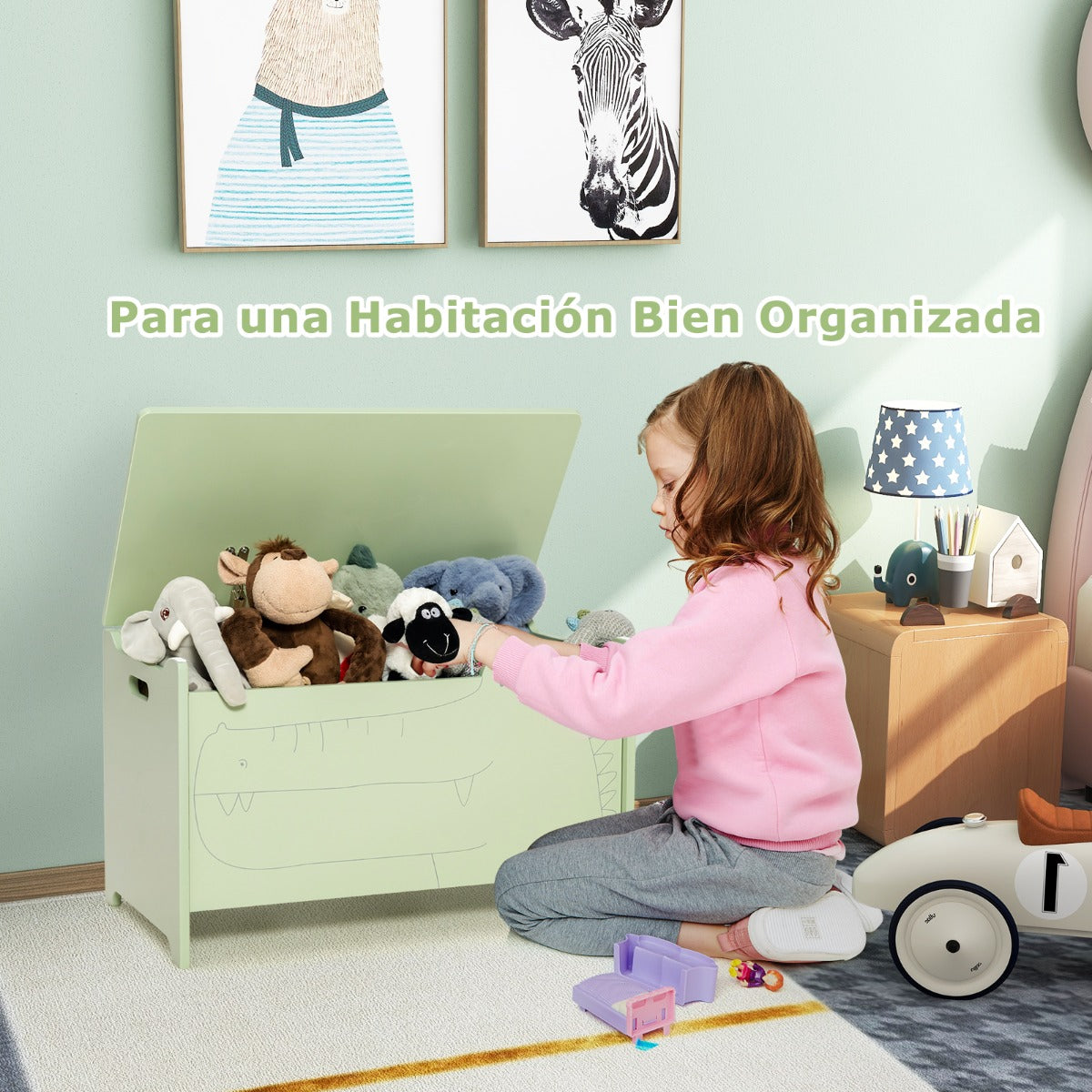 Juguetero Infantil con Bisagra de Seguridad Organizador para Habitación de Niños 60 x 33 x 37,5 cm-Verde