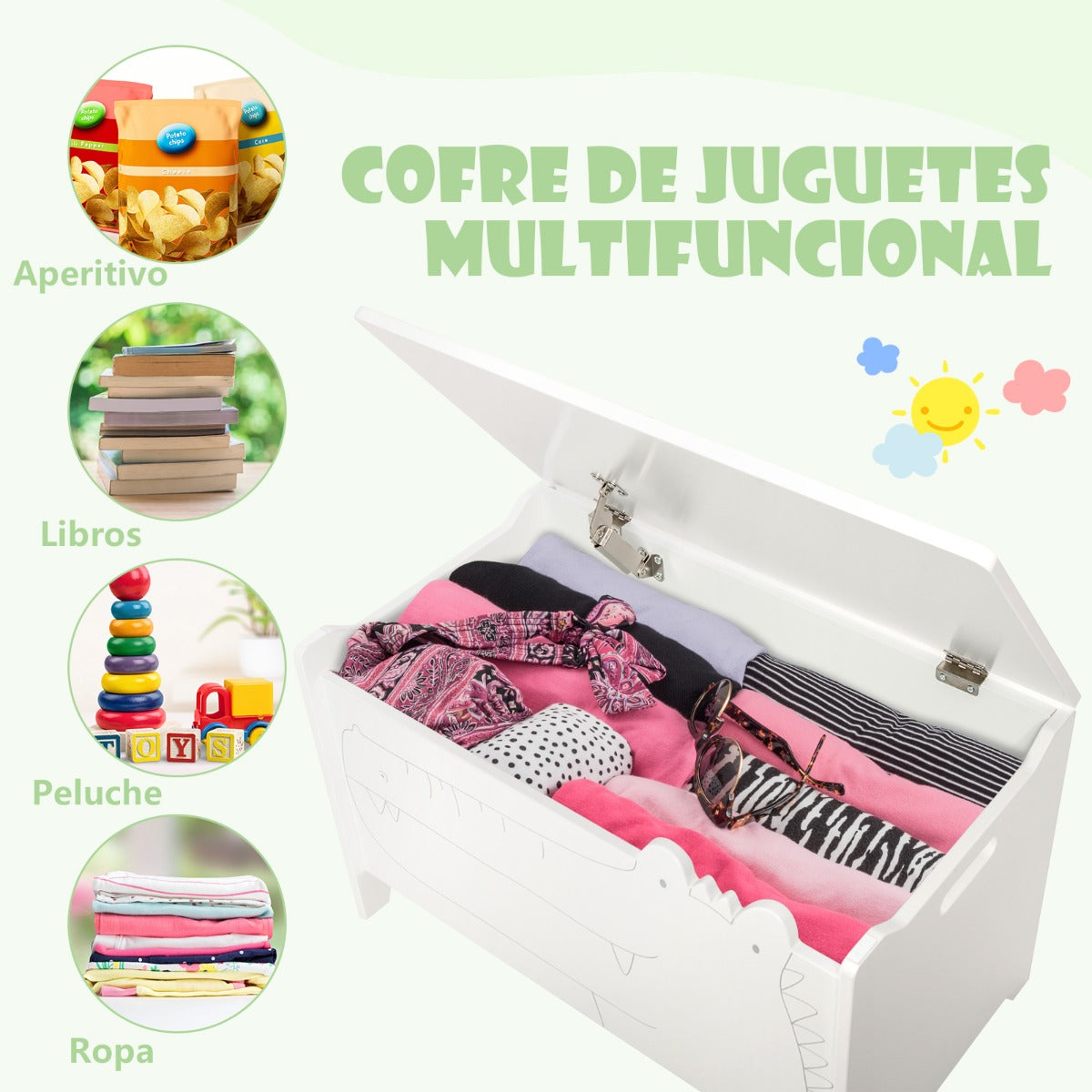 Juguetero Infantil con Bisagra de Seguridad Organizador para Habitación de Niños 60 x 33 x 37,5 cm-Blanco