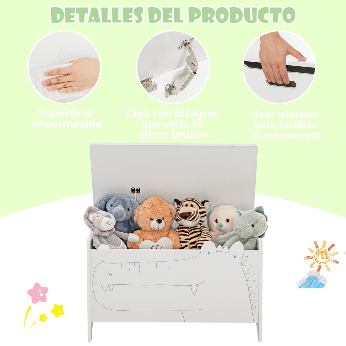 Juguetero Infantil con Bisagra de Seguridad Organizador para Habitación de Niños 60 x 33 x 37,5 cm-Blanco