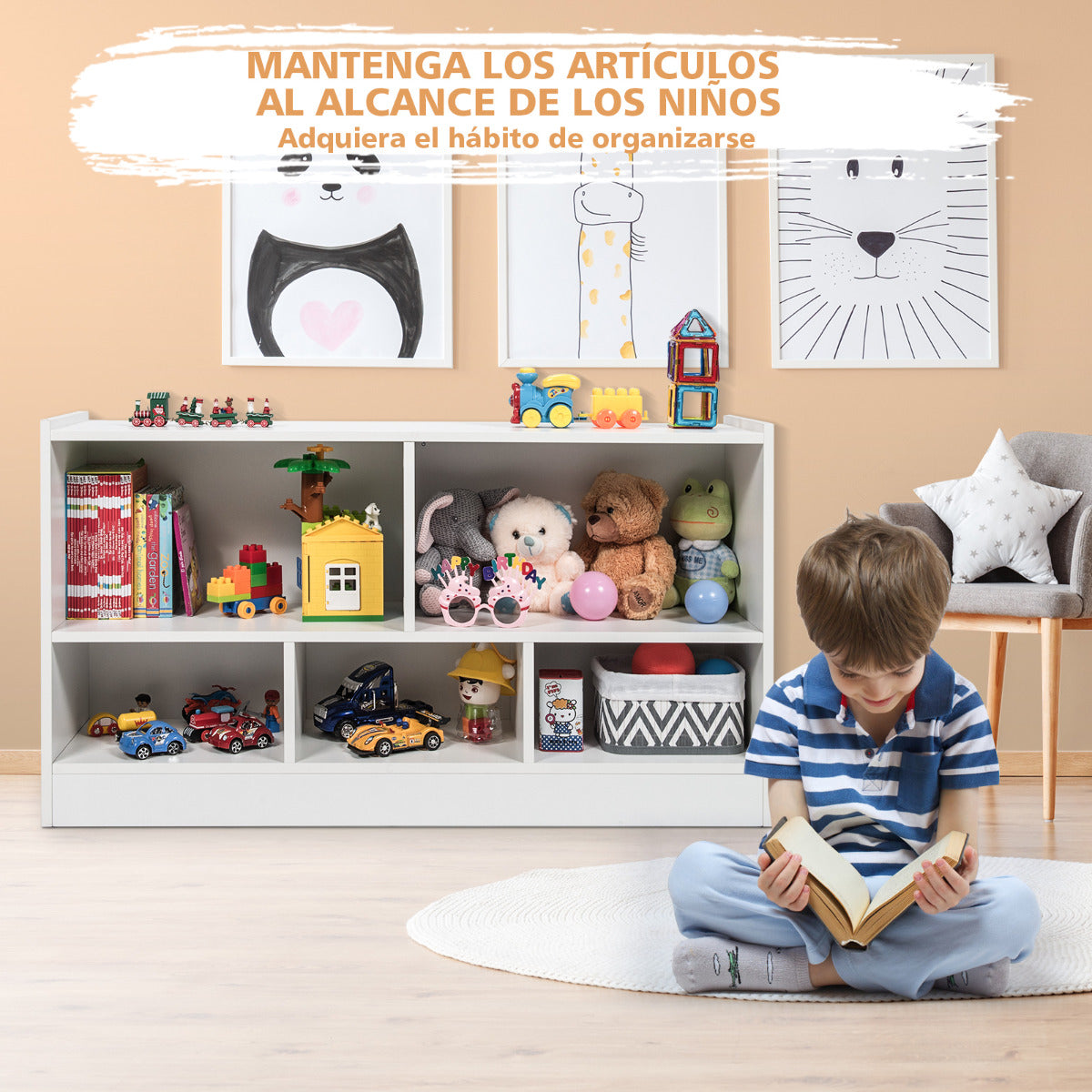 Librería para Niños y Organizador Juguetes Mueble de 5 Cubos para Juguetes Muñecas Libros Estante de Madera con 5 Compartimientos Blanco