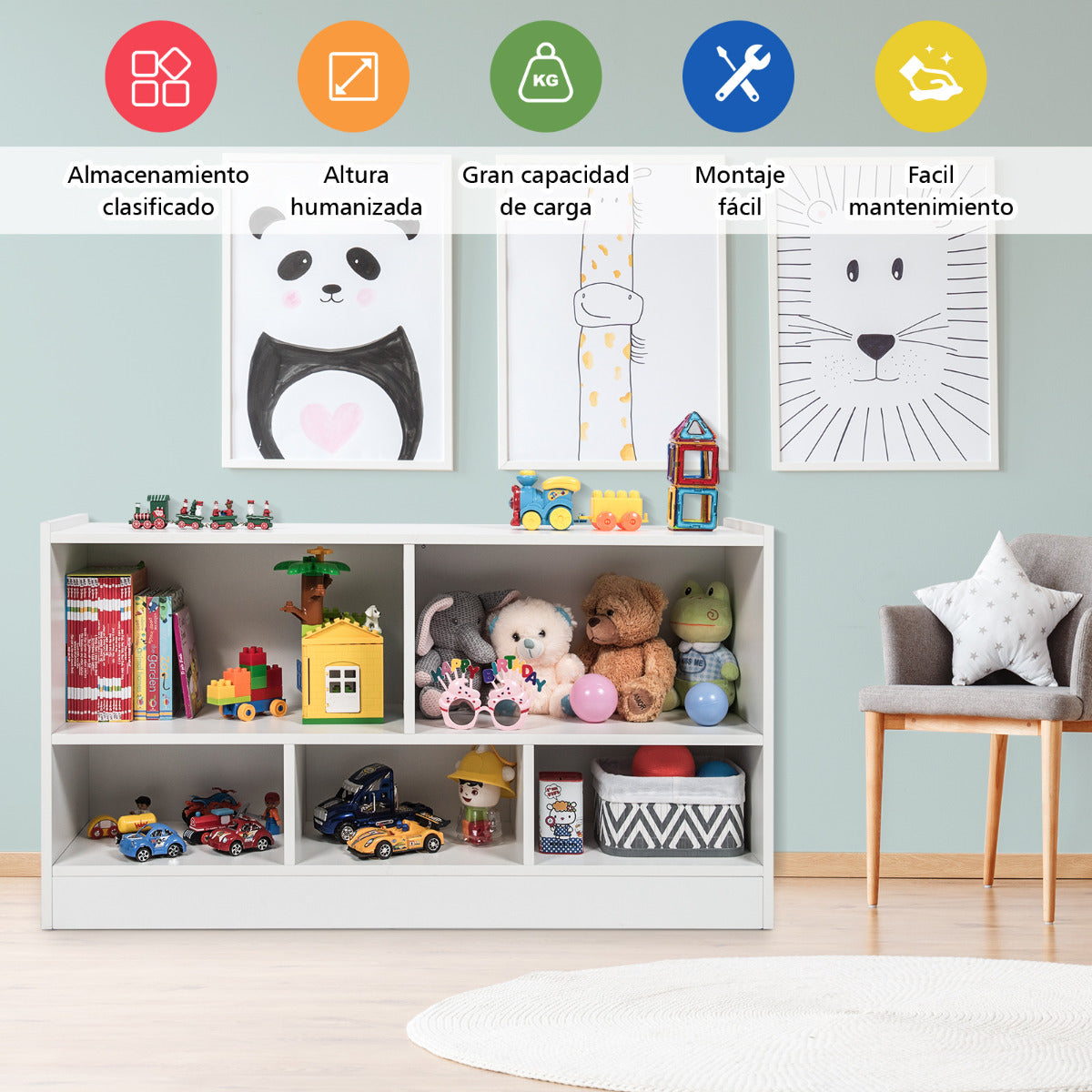 Librería para Niños y Organizador Juguetes Mueble de 5 Cubos para Juguetes Muñecas Libros Estante de Madera con 5 Compartimientos Blanco