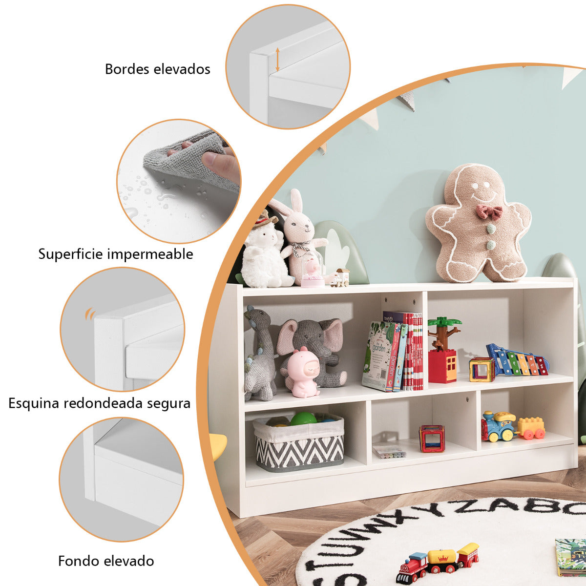 Librería para Niños y Organizador Juguetes Mueble de 5 Cubos para Juguetes Muñecas Libros Estante de Madera con 5 Compartimientos Blanco