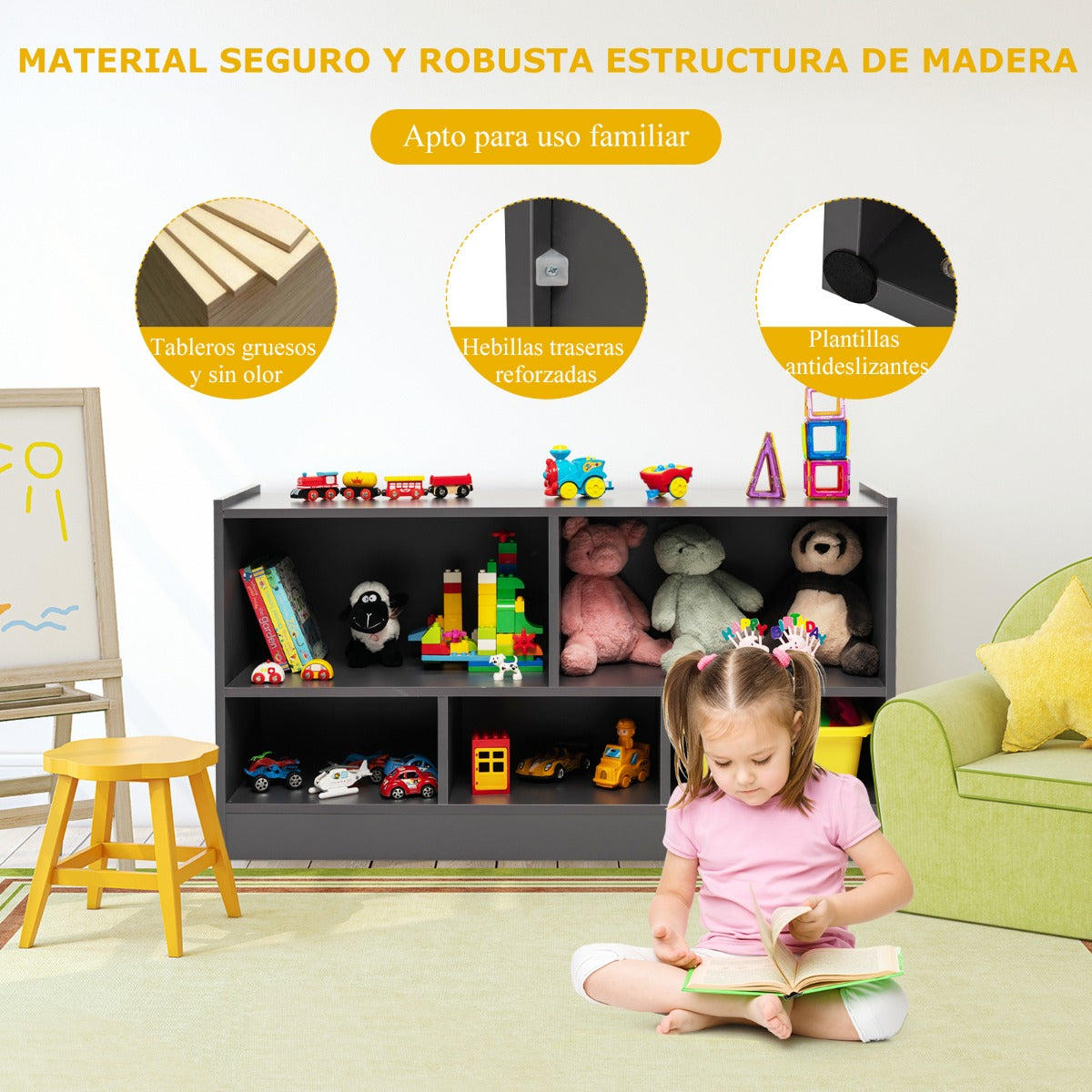 Librería para Niños y Organizador Juguetes Mueble de 5 Cubos para Juguetes Muñecas Libros Estante de Madera con 5 Compartimientos Gris