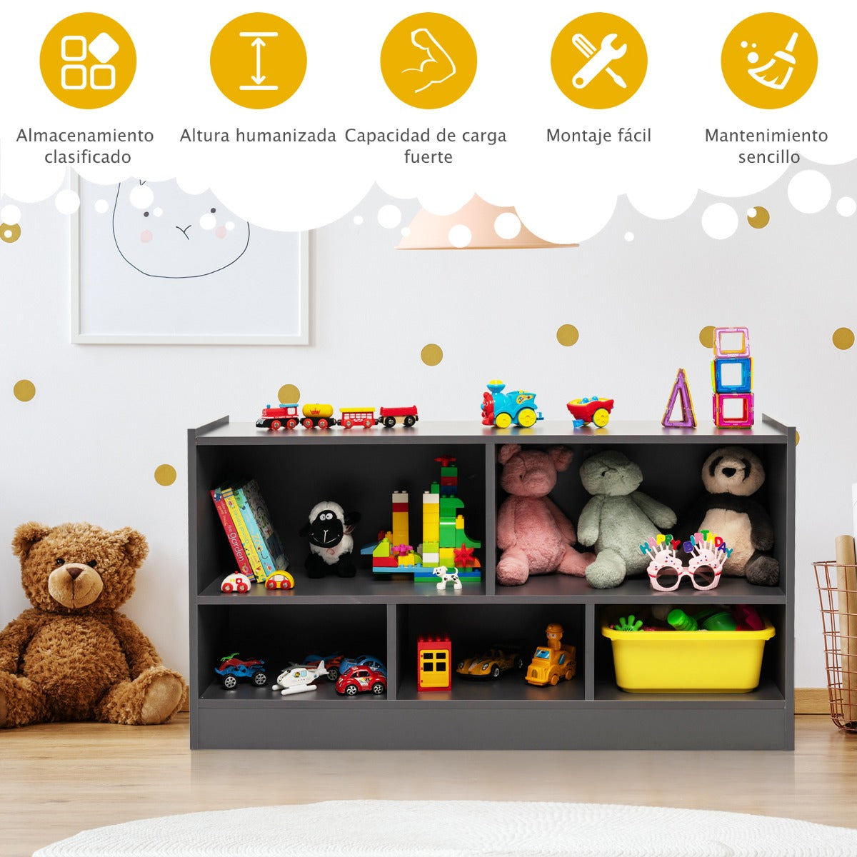 Librería para Niños y Organizador Juguetes Mueble de 5 Cubos para Juguetes Muñecas Libros Estante de Madera con 5 Compartimientos Gris