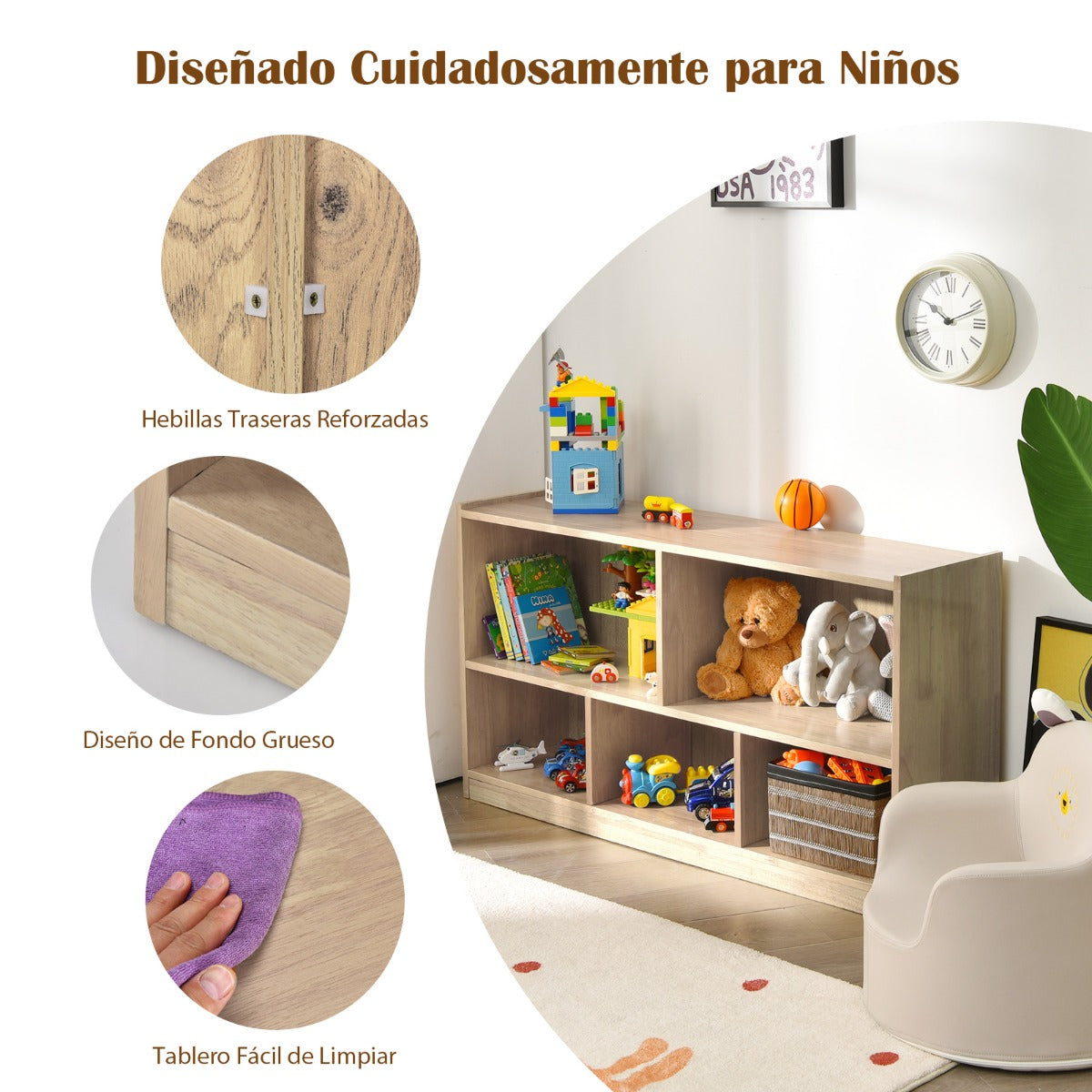 Librería para Niños y Organizador Juguetes Mueble de 5 Cubos para Juguetes Muñecas Libros Estante de Madera con 5 Compartimientos Natural