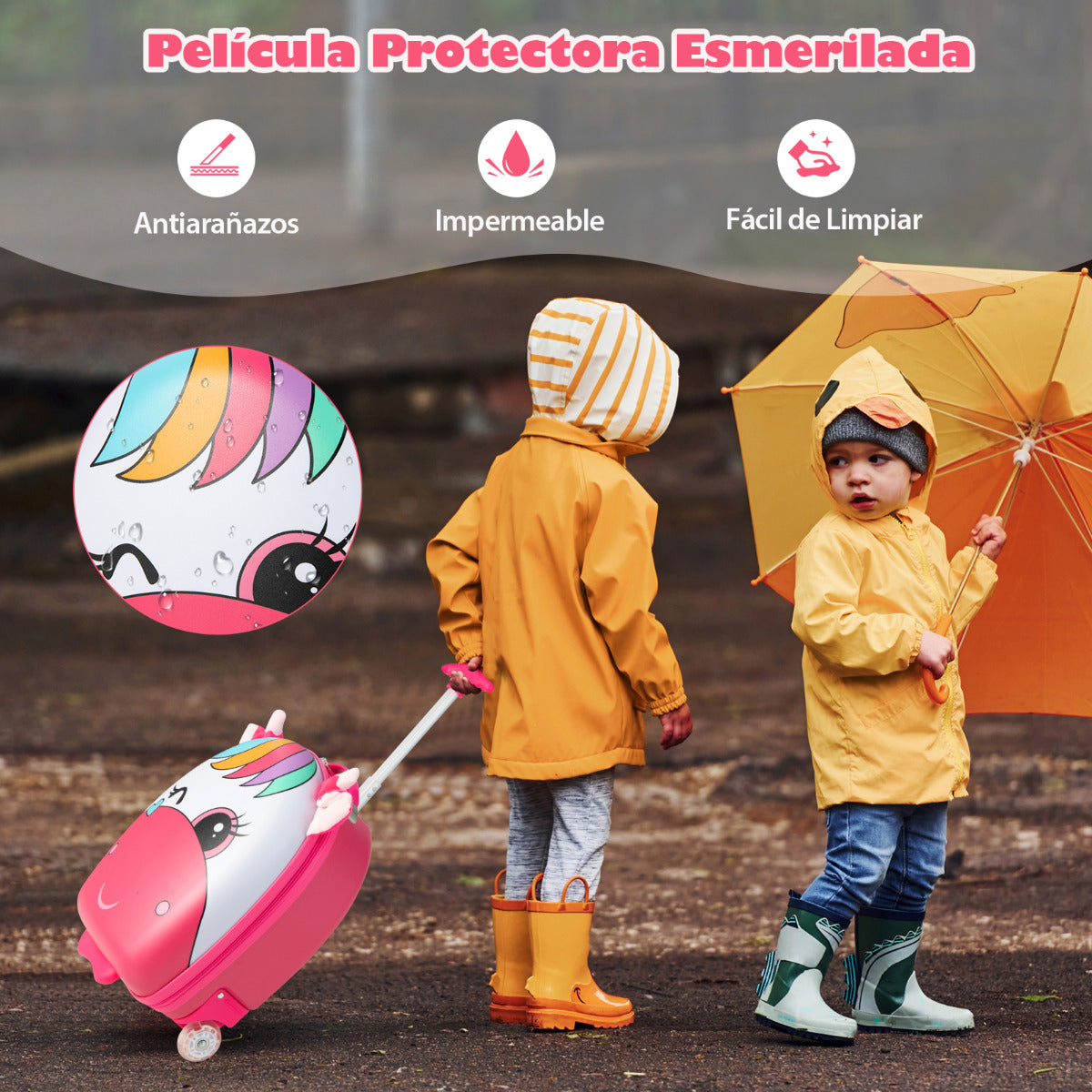 Maleta con Ruedas para Niños Maleta de Cabina de Carcasa Dura 2 Ruedas Intermitentes Asa Telescópica de 2 Niveles 33 x 22 x 45 cm Rosa