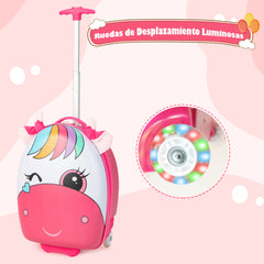 Maleta con Ruedas para Niños Maleta de Cabina de Carcasa Dura 2 Ruedas Intermitentes Asa Telescópica de 2 Niveles 33 x 22 x 45 cm Rosa