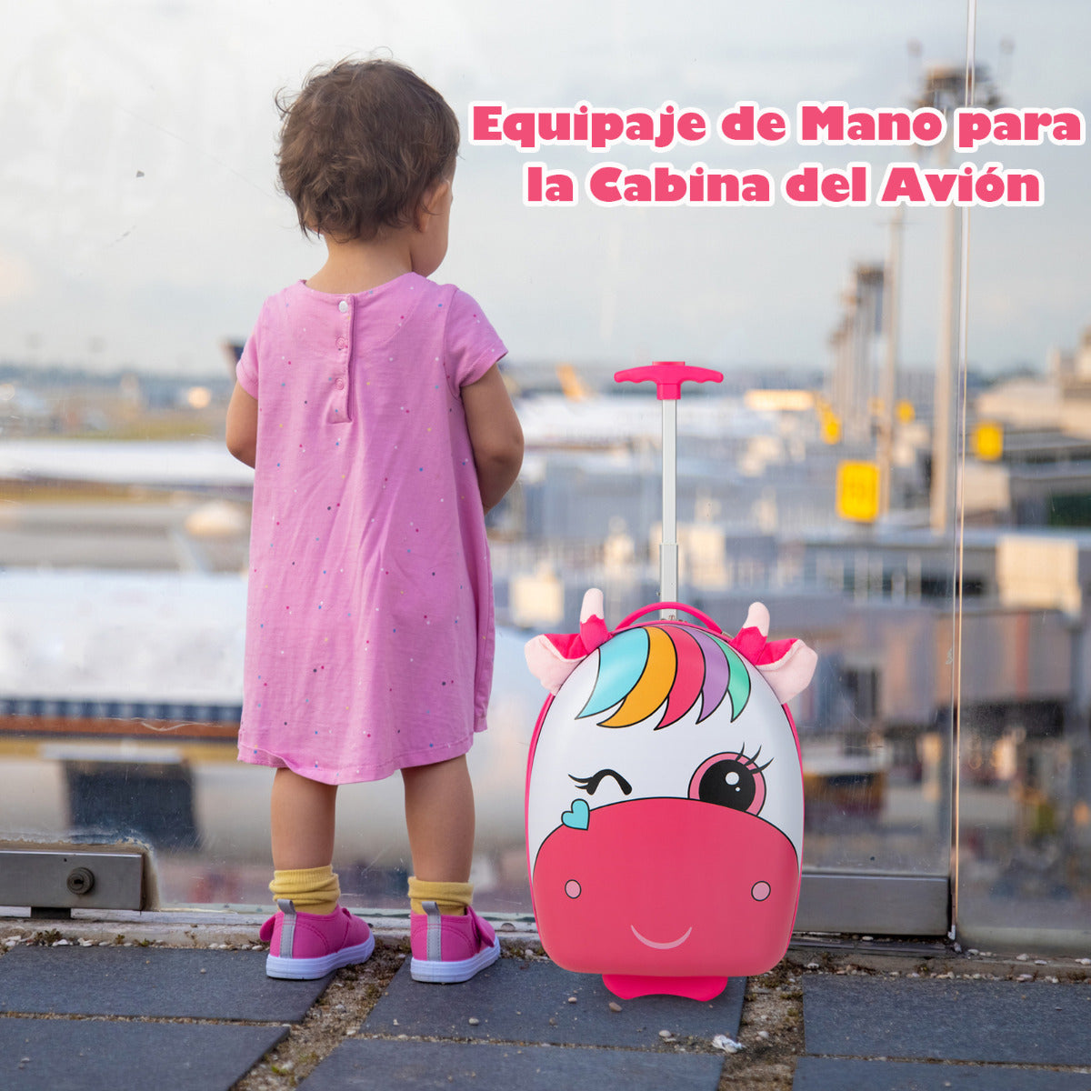 Maleta con Ruedas para Niños Maleta de Cabina de Carcasa Dura 2 Ruedas Intermitentes Asa Telescópica de 2 Niveles 33 x 22 x 45 cm Rosa