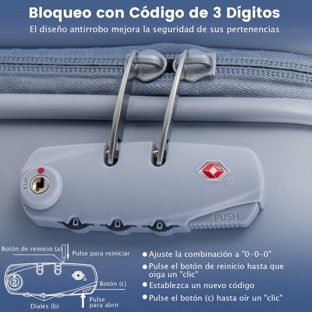 Maleta de Viaje Cabina de 20 Pulgadas Equipaje Rígido con Ruedas Giratorias Equipaje de Mano con Asa Altura Ajustable Valija Liviana Azul