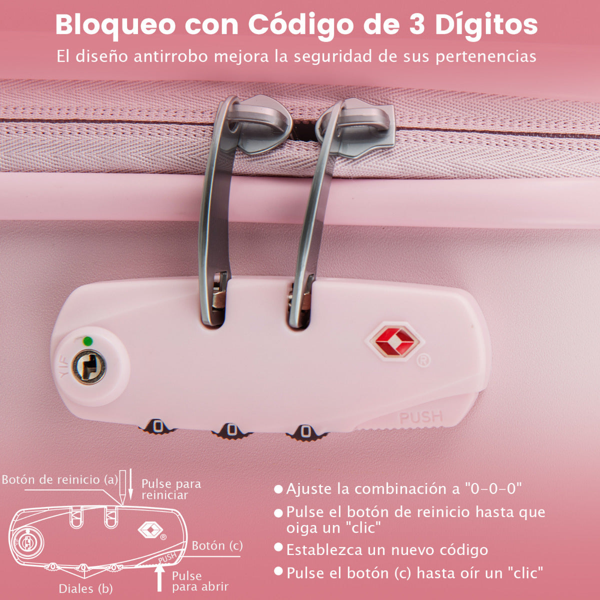 Maleta de Viaje Cabina de 20 Pulgadas Equipaje Rígido con Ruedas Giratorias Equipaje de Mano con Asa Altura Ajustable Valija Liviana Rosa