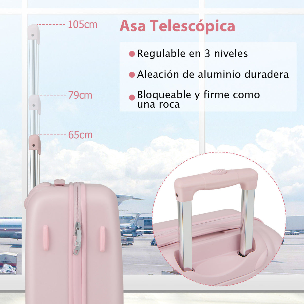 Maleta de Viaje Cabina de 20 Pulgadas Equipaje Rígido con Ruedas Giratorias Equipaje de Mano con Asa Altura Ajustable Valija Liviana Rosa
