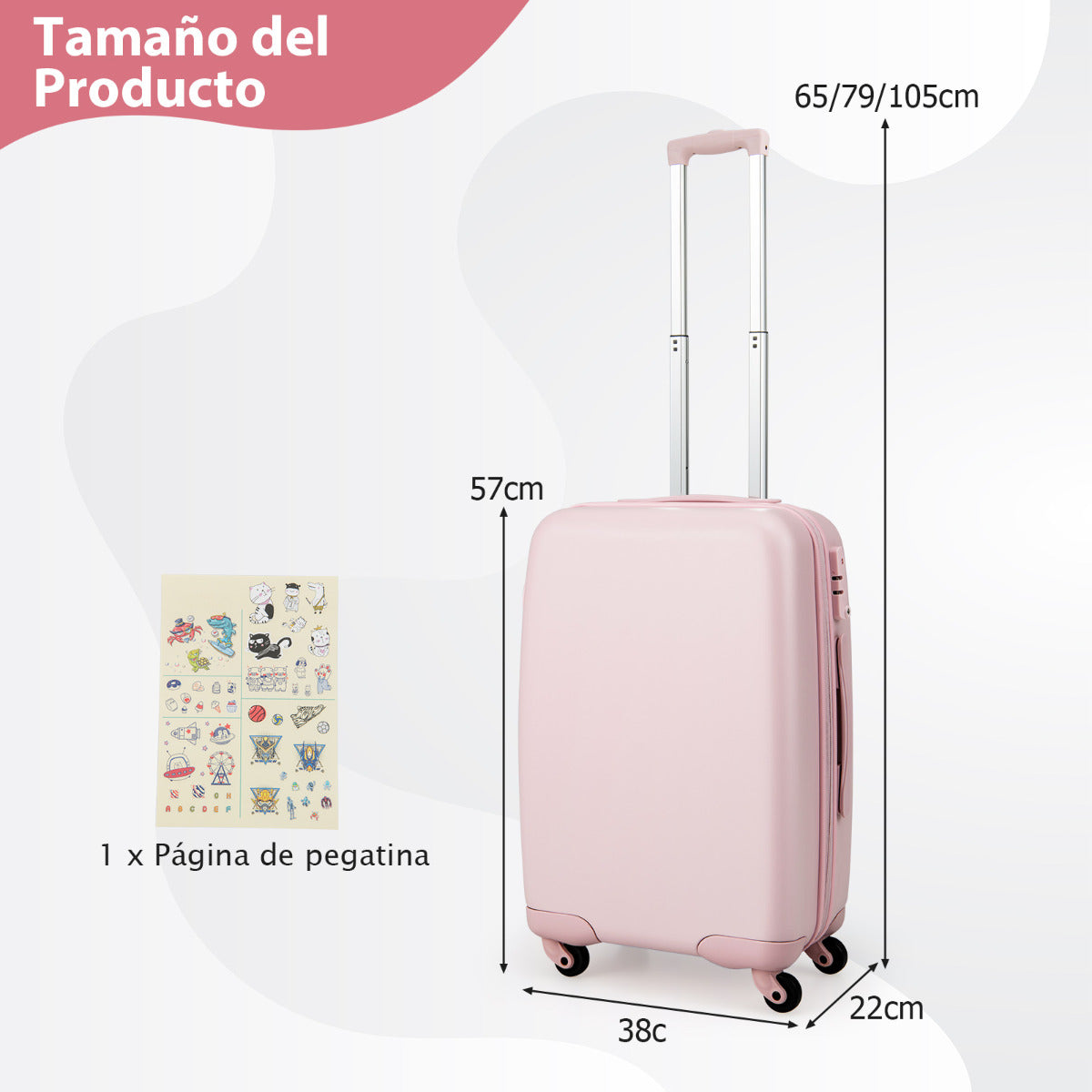 Maleta de Viaje Cabina de 20 Pulgadas Equipaje Rígido con Ruedas Giratorias Equipaje de Mano con Asa Altura Ajustable Valija Liviana Rosa