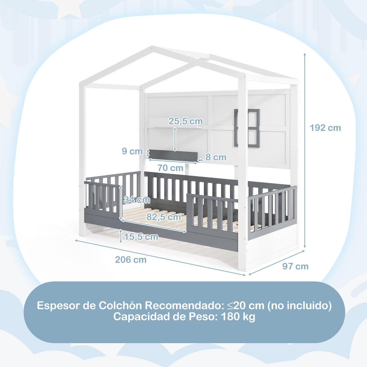Marco de Cama de Madera para Niños con Estantes Barandillas Ventana y Cerca Listones de Madera 206 x 97 x 192 cm Blanco y Gris