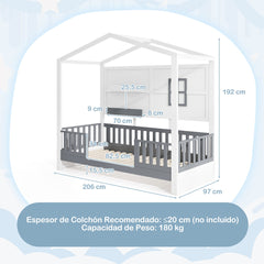Marco de Cama de Madera para Niños con Estantes Barandillas Ventana y Cerca Listones de Madera 206 x 97 x 192 cm Blanco y Gris
