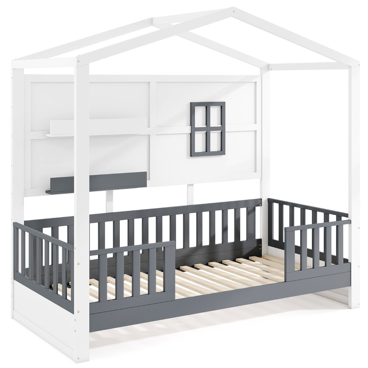 Marco de Cama de Madera para Niños con Estantes Barandillas Ventana y Cerca Listones de Madera 206 x 97 x 192 cm Blanco y Gris