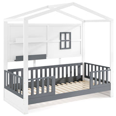 Marco de Cama de Madera para Niños con Estantes Barandillas Ventana y Cerca Listones de Madera 206 x 97 x 192 cm Blanco y Gris