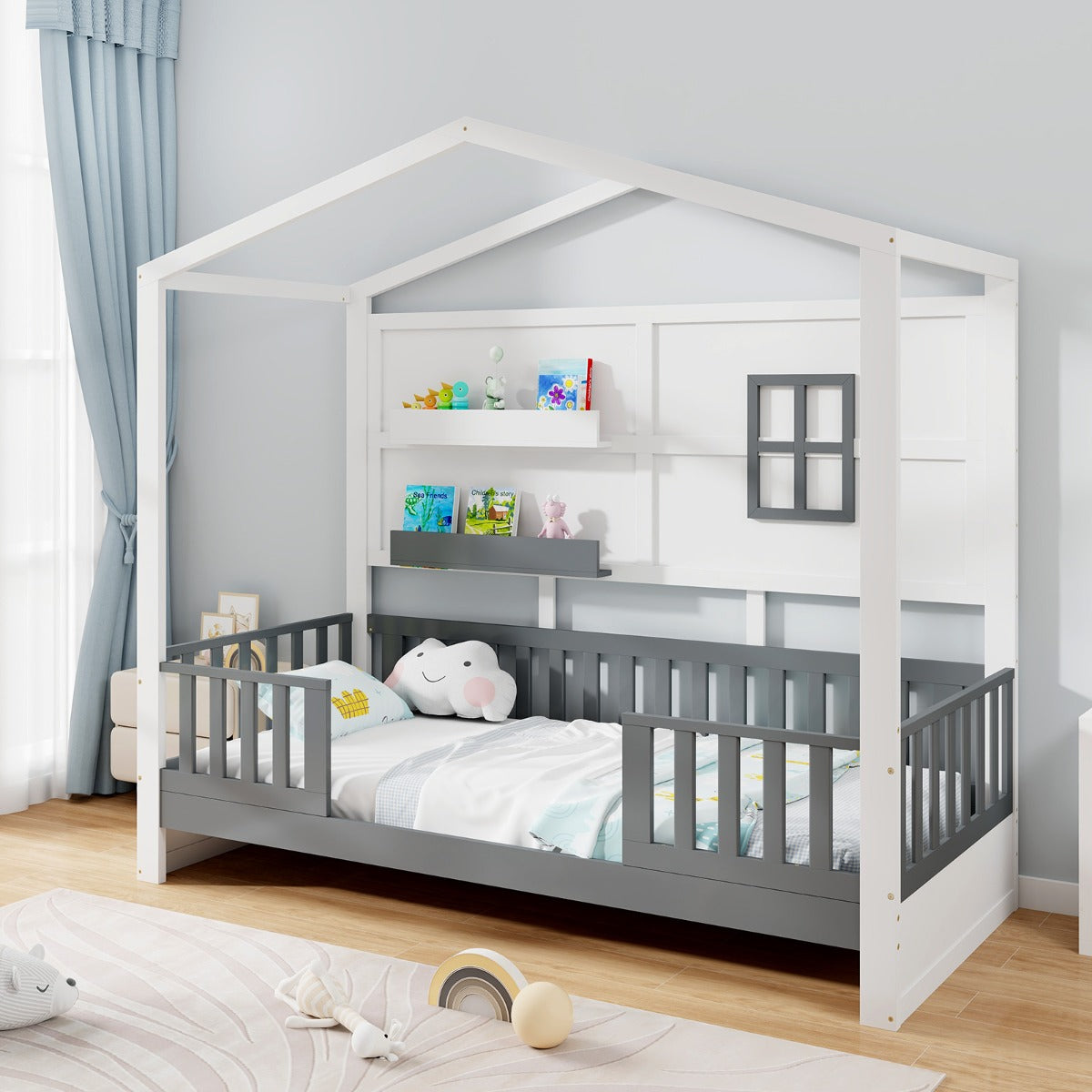 Marco de Cama de Madera para Niños con Estantes Barandillas Ventana y Cerca Listones de Madera 206 x 97 x 192 cm Blanco y Gris