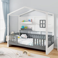 Marco de Cama de Madera para Niños con Estantes Barandillas Ventana y Cerca Listones de Madera 206 x 97 x 192 cm Blanco y Gris