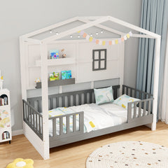 Marco de Cama de Madera para Niños con Estantes Barandillas Ventana y Cerca Listones de Madera 206 x 97 x 192 cm Blanco y Gris