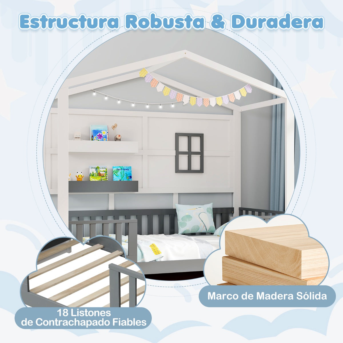 Marco de Cama de Madera para Niños con Estantes Barandillas Ventana y Cerca Listones de Madera 206 x 97 x 192 cm Blanco y Gris