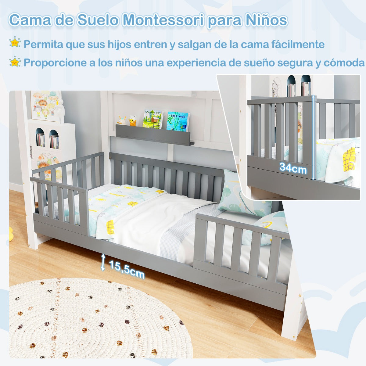 Marco de Cama de Madera para Niños con Estantes Barandillas Ventana y Cerca Listones de Madera 206 x 97 x 192 cm Blanco y Gris